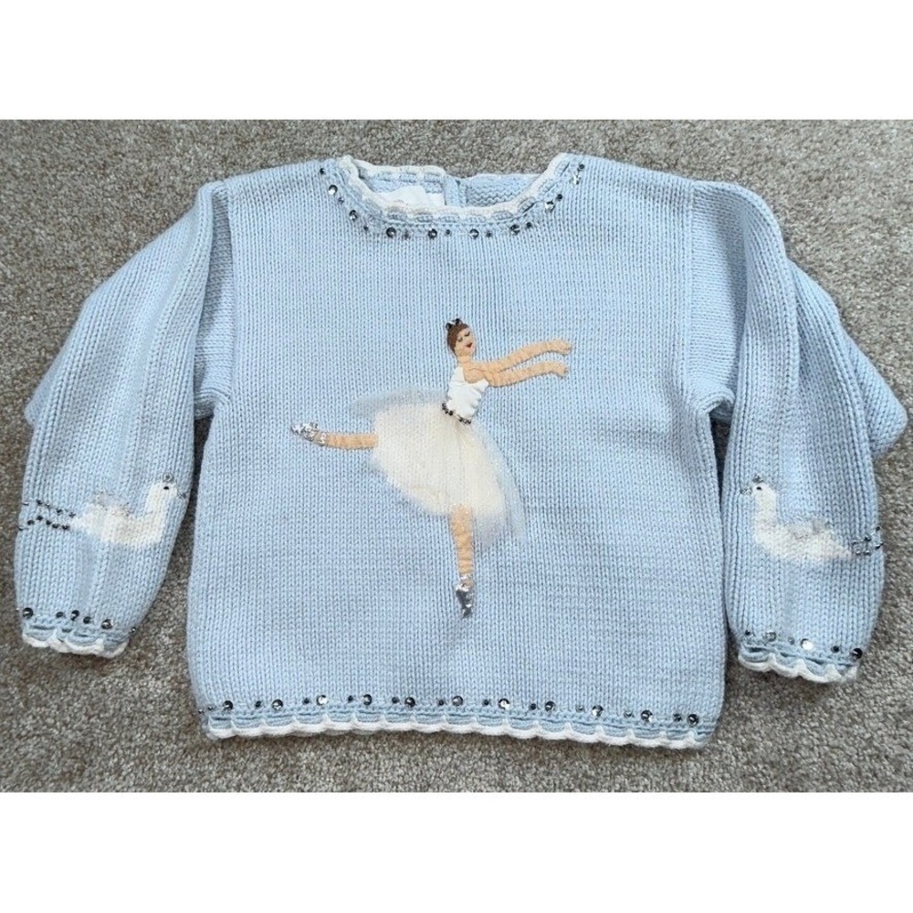 Sams Friend Kids Blue Cotton Ballerina Swan Sequin Knit Sweater Size 6 Peru